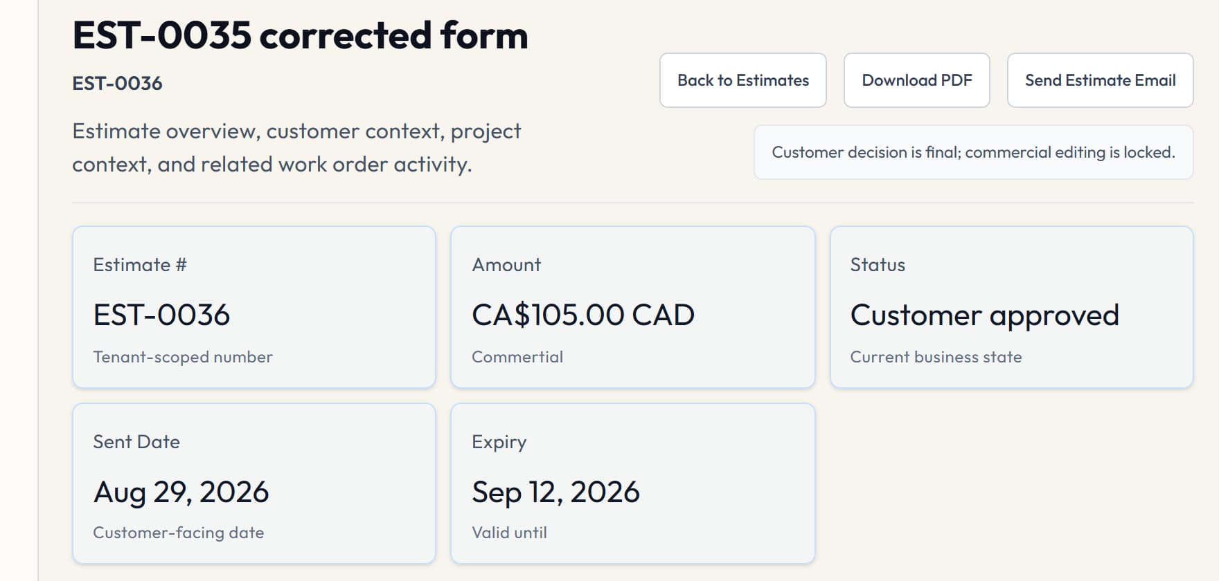 VolteraForge estimate summary showing customer-approved status and commercial context.