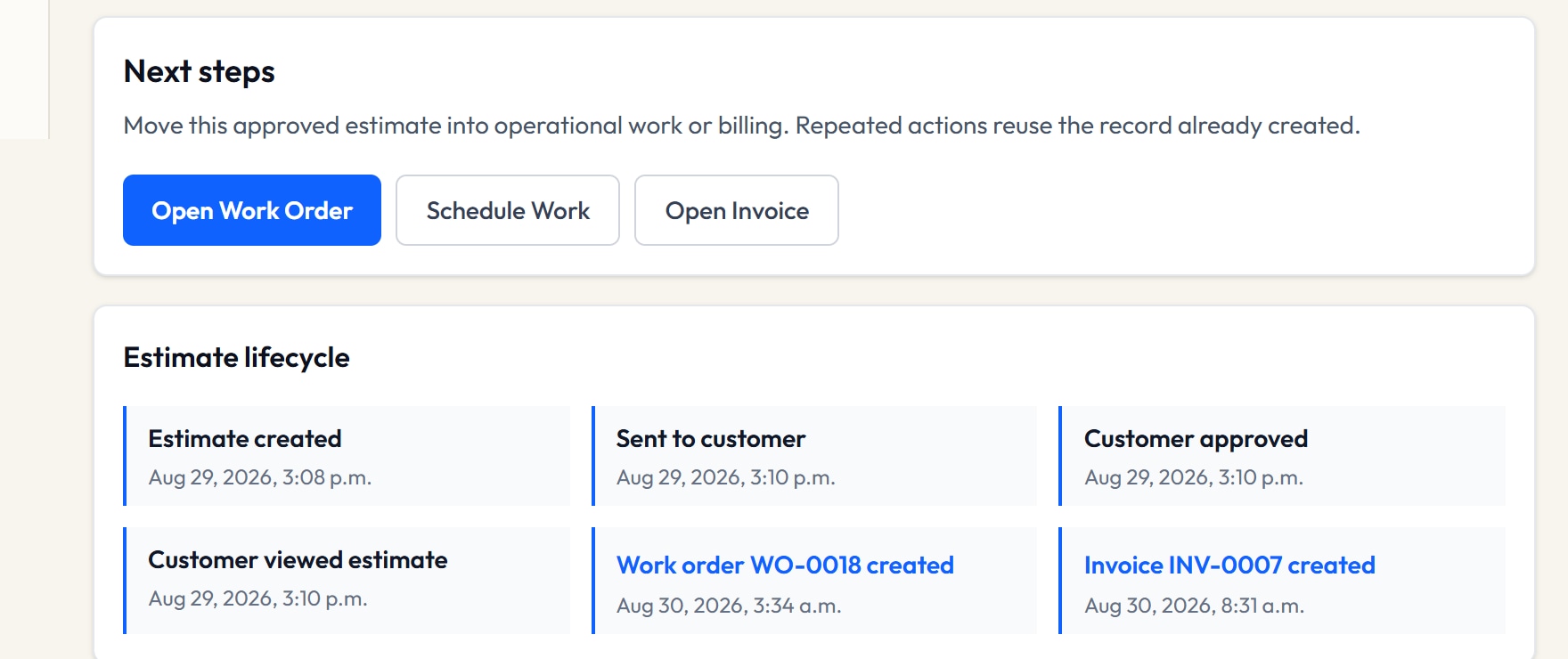 VolteraForge approved Estimate showing operational next steps and the complete estimate lifecycle from creation through work order and invoice.